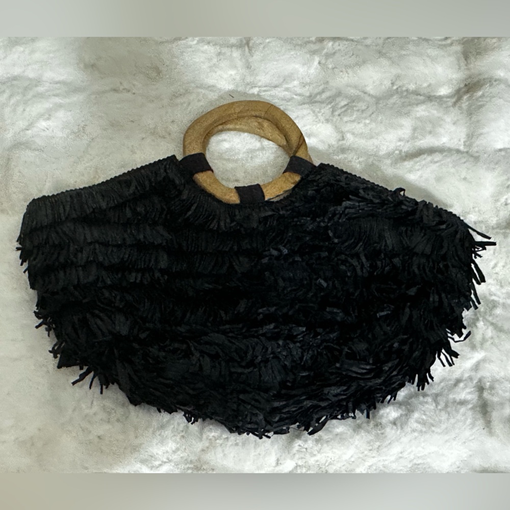 Anthropologie Black Fringe Tote Bag - Picture 2 of 7